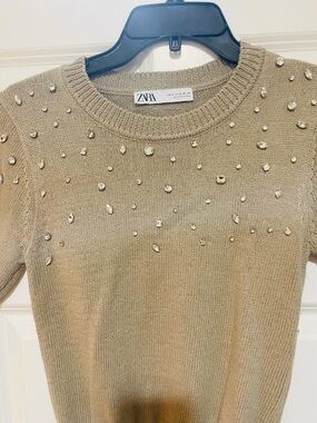 Zara Tan Embellished Crewneck Short Sleeve Sweater